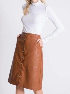 High-Rise Button-Front Faux Leather A-Line Skirt - Camel NWT Size Small Lined